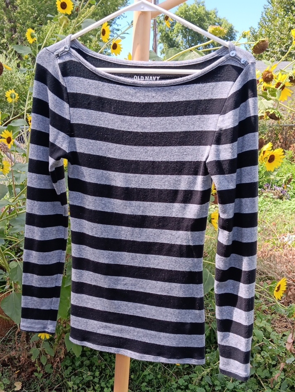 Old Navy Black and Gray Striped Long-Sleeve Boatneck Top